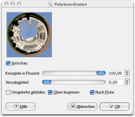 Eigenschaften für das Filter Polarkoordinaten